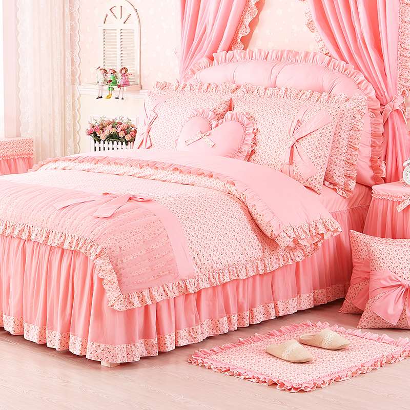 全棉四件套床裙纯棉公主风床上用品儿童粉色床罩被套女