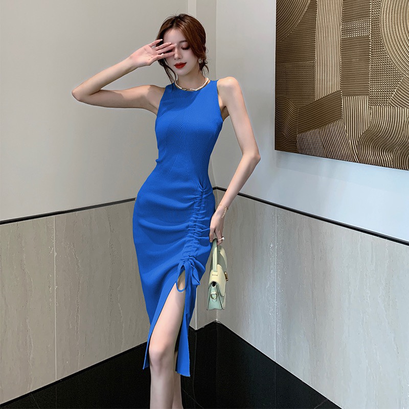 蓝色无袖针织连衣裙女2024夏季一字肩高级设计感开叉中长裙