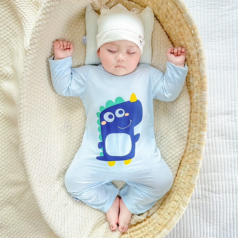 莫代尔连体睡衣男宝宝恐龙冰丝长袖婴儿空调服儿童家居服夏季薄款