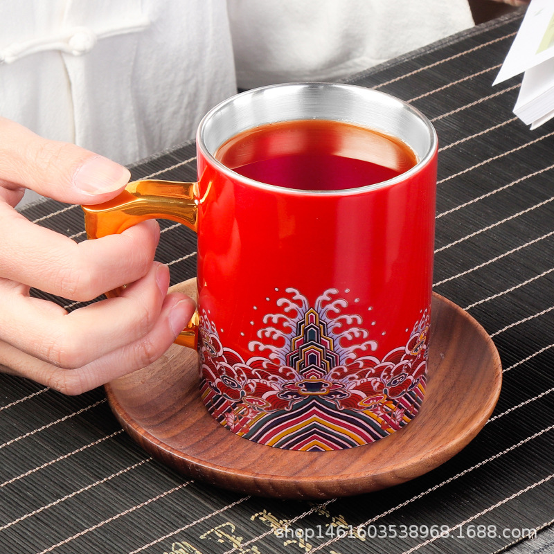 鎏银办公杯陶瓷水杯泡茶杯个人杯带盖会议茶水分离泡茶杯