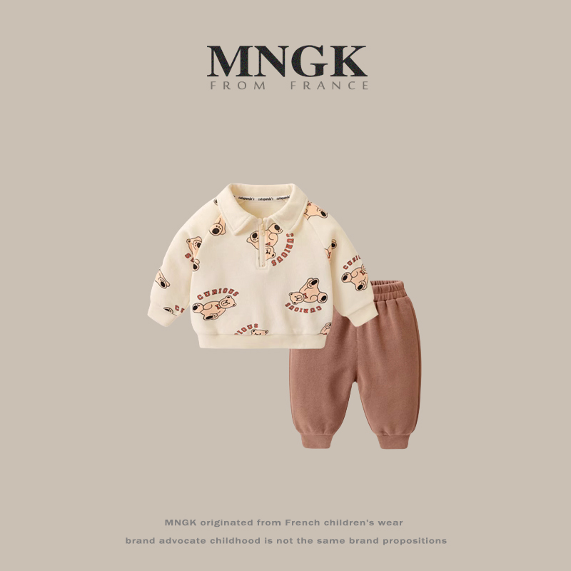 法国MNGK婴儿衣服polo领卫衣套装长裤子春秋装男童女童宝宝两件套