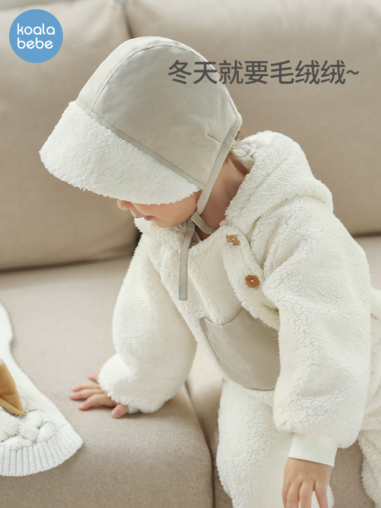 考拉鼻鼻婴儿连体衣秋冬宝宝外出加厚羊羔绒保暖连帽衣爬服小团子