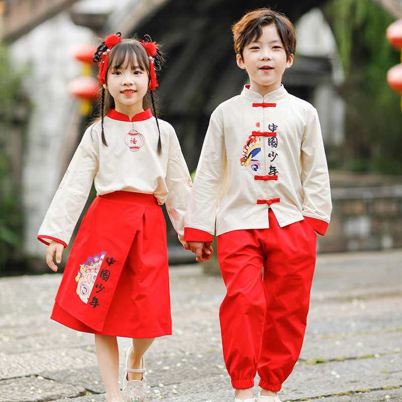 儿童汉服男童中国风长袖唐装女童古装小女孩民族风演出表演服班