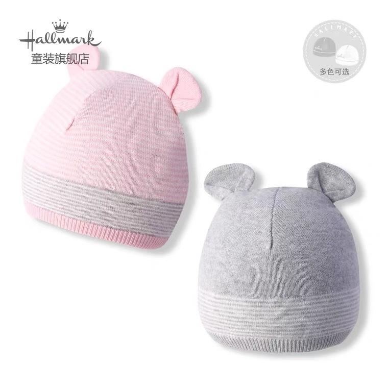 Hallmark贺曼秋冬季男女婴儿宝宝保暖羊绒可爱立体耳套头粉色帽子