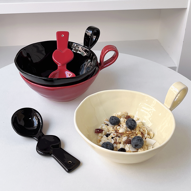 ChubbyCat 甜酷设计款陶瓷燕麦碗带勺单耳酸奶碗水果沙拉碗早餐碗