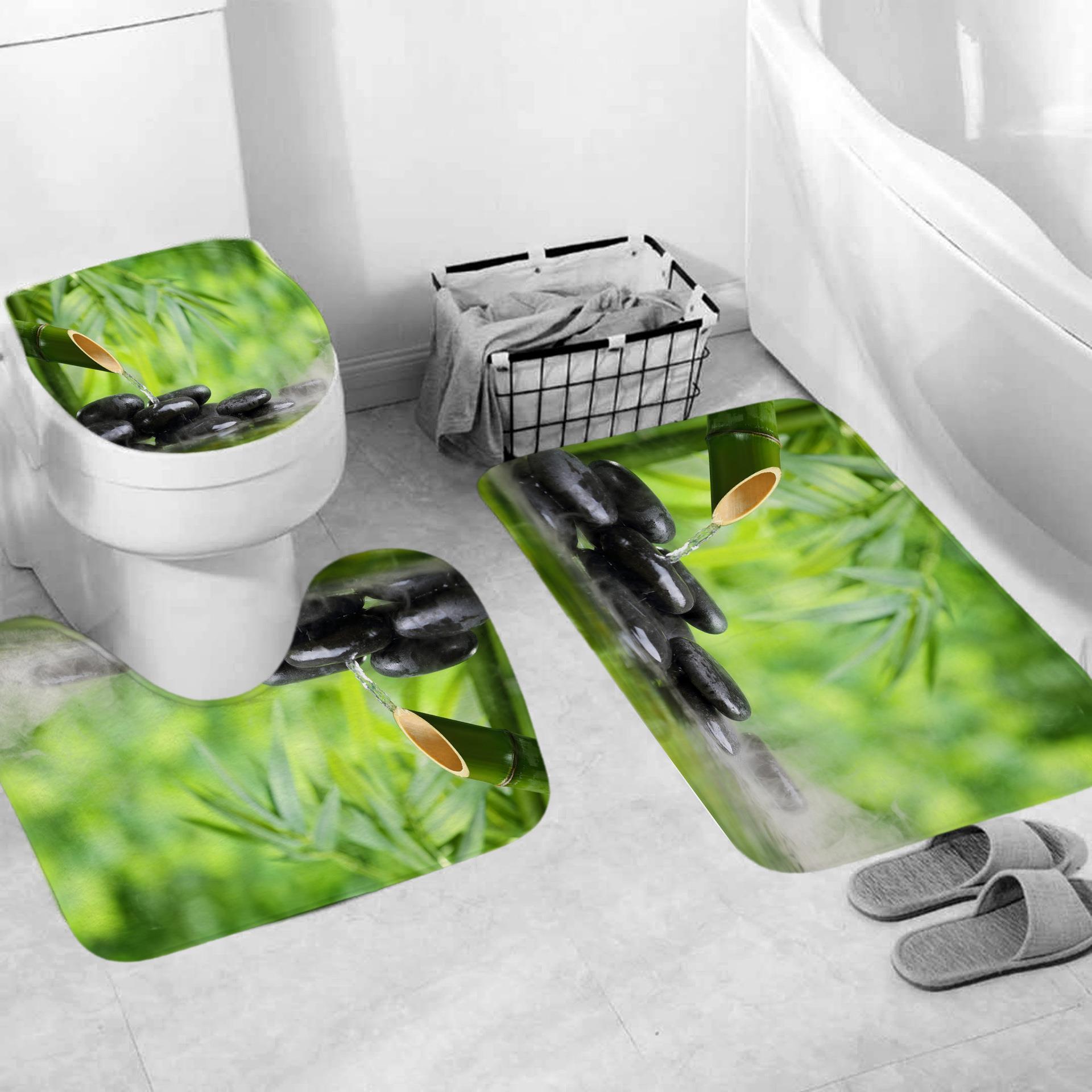 跨境3D数码印花绿色黑石叠石竹子系列浴室防水浴帘布