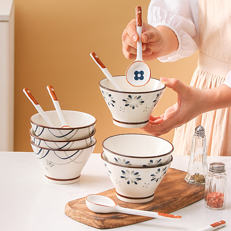 简约日式陶瓷5英寸斗笠碗碗勺组合套装餐具家用米饭碗防烫高脚碗