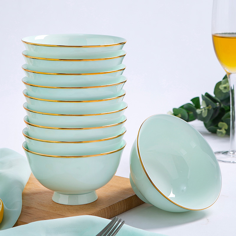 景德镇骨瓷家用4.5英寸饭碗金边中式青瓷碗套装4/6/10个装陶瓷碗
