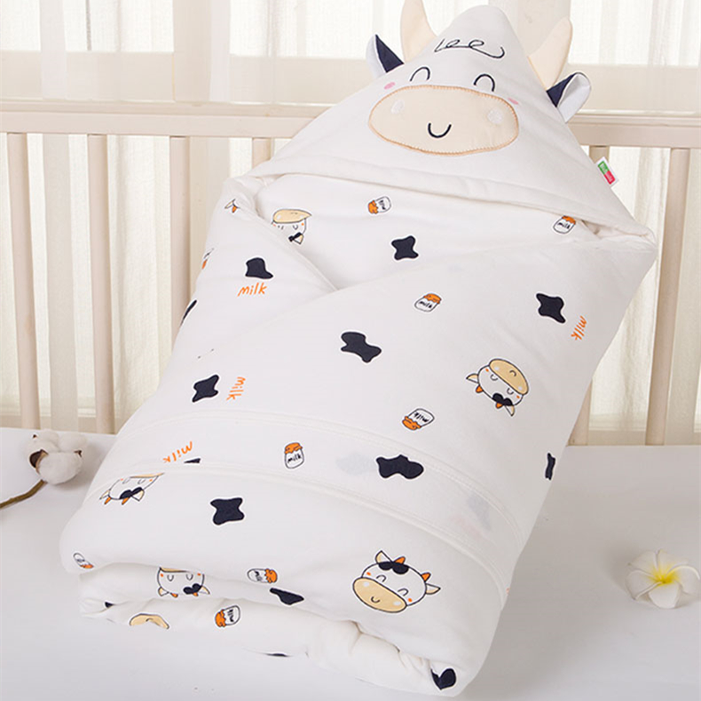 新生儿纯棉包被秋冬季初生婴儿包巾奶牛宝宝抱被产房襁褓包巾两用