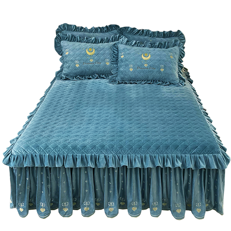 欧式高档刺绣A类婴儿绒床裙式床罩单件夹棉加厚1.8x2.0床围保护套