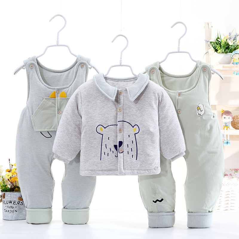婴儿冬季棉衣套装加厚0-1岁宝宝冬装棉袄背带裤三件套新生儿衣服