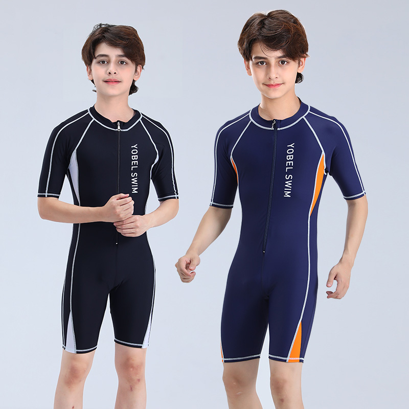 男童泳衣男孩短袖连体青少年中大童学生专业训练儿童防晒游泳套装