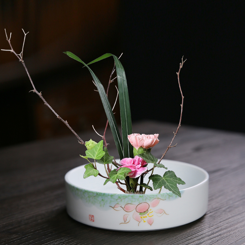 陶瓷插花器皿中式日式禅意剑x山小原流插花用的圆花盘花盆花艺花
