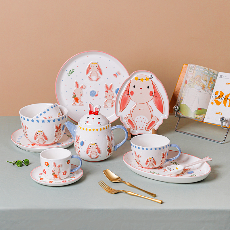 新款高颜值可爱兔年陶瓷茶壶咖啡杯碟饭碗点心盘浮雕釉中兔子餐具