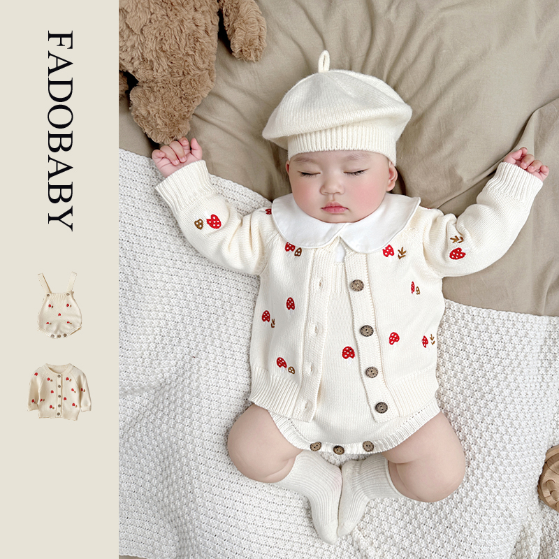 ins春季韩版婴儿可爱蘑菇刺绣毛衣外套+背带连体哈衣女宝宝2件套