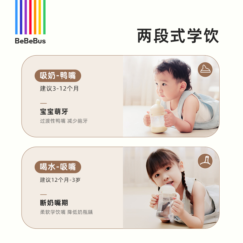 BeBeBus彩虹学饮杯鸭嘴杯宝宝吸管杯婴儿6个月以上防呛喝水奶瓶杯