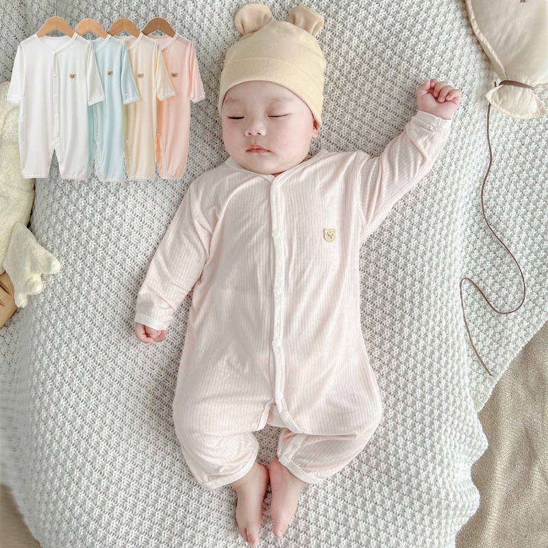 日本婴儿夏季薄款连体衣男女宝宝长袖空调服新生儿衣服莫代尔哈衣