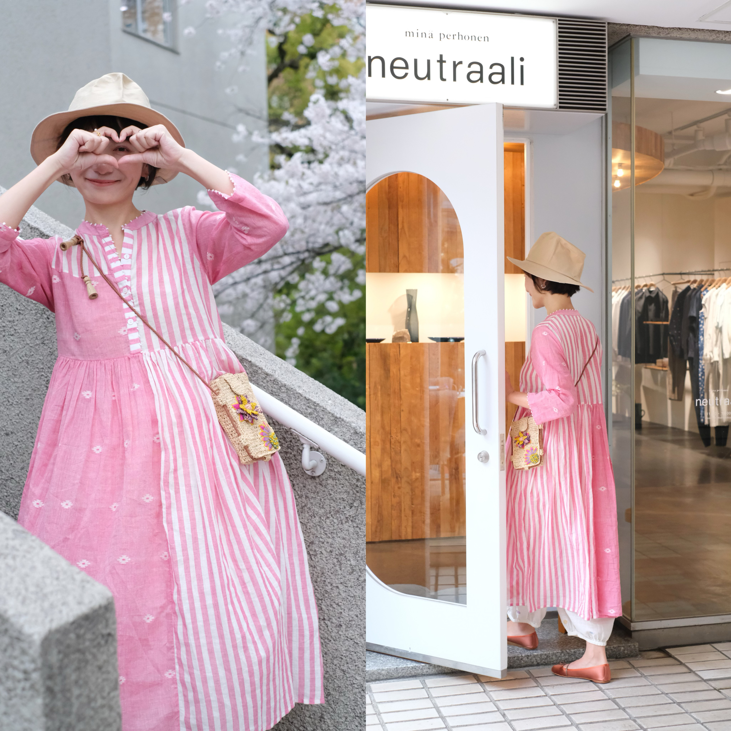 ekeko【山楂条连衣裙】印度手工纺织条纹粉色拼接柔软圆领连衣裙
