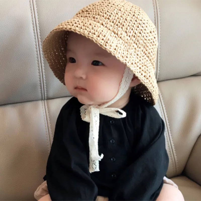 ins爆款夏款儿童草帽宝宝0-2岁遮阳帽婴儿防晒帽蕾丝系带亲子帽子