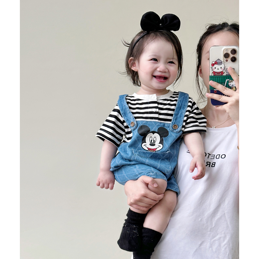 婴儿条纹连体衣夏季韩国童装女超萌卡通假两件牛仔短袖哈衣爬服
