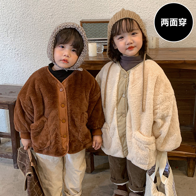 儿童棉衣两面穿加绒女童装冬季男童棉服加厚2023新款宝宝夹棉外套