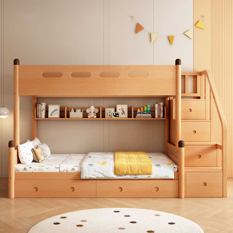 实木儿童上下床高架双层多功能小户型榉木轻奢子母床双人铺高低床