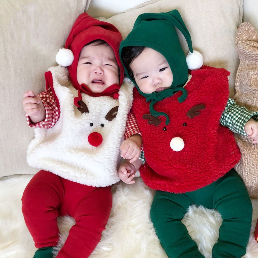 韩国婴儿家居服套装红绿上衣高腰打底裤毛毛马夹宝宝圣诞新年装