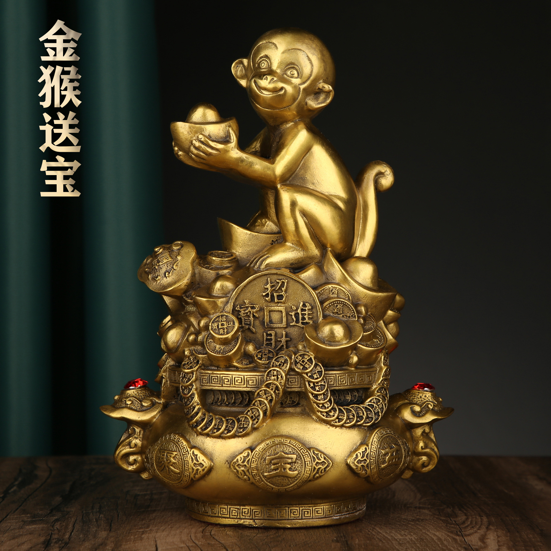 铜缘铜器厂家直销铜金猴聚宝盆摆件如意客厅店铺前台礼品