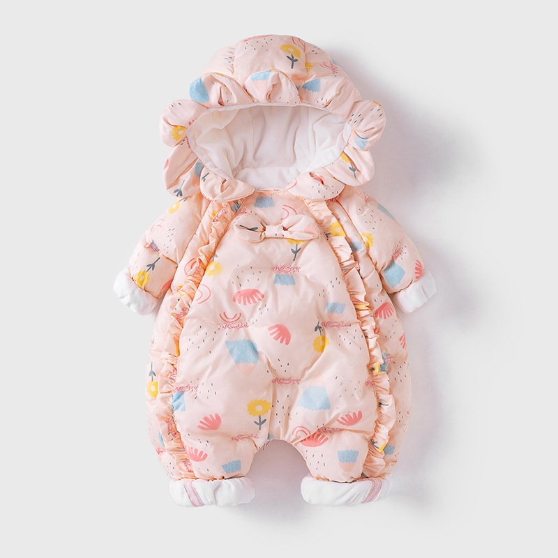 婴儿冬装棉服新生女宝宝洋气连体衣冬季保暖棉衣加绒加厚满月爬服