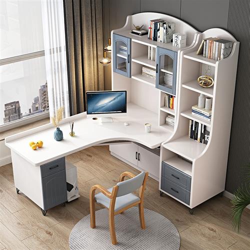 尚静 实木转角电脑桌书桌书柜组合家用台式带书柜 J款白粉桌面书