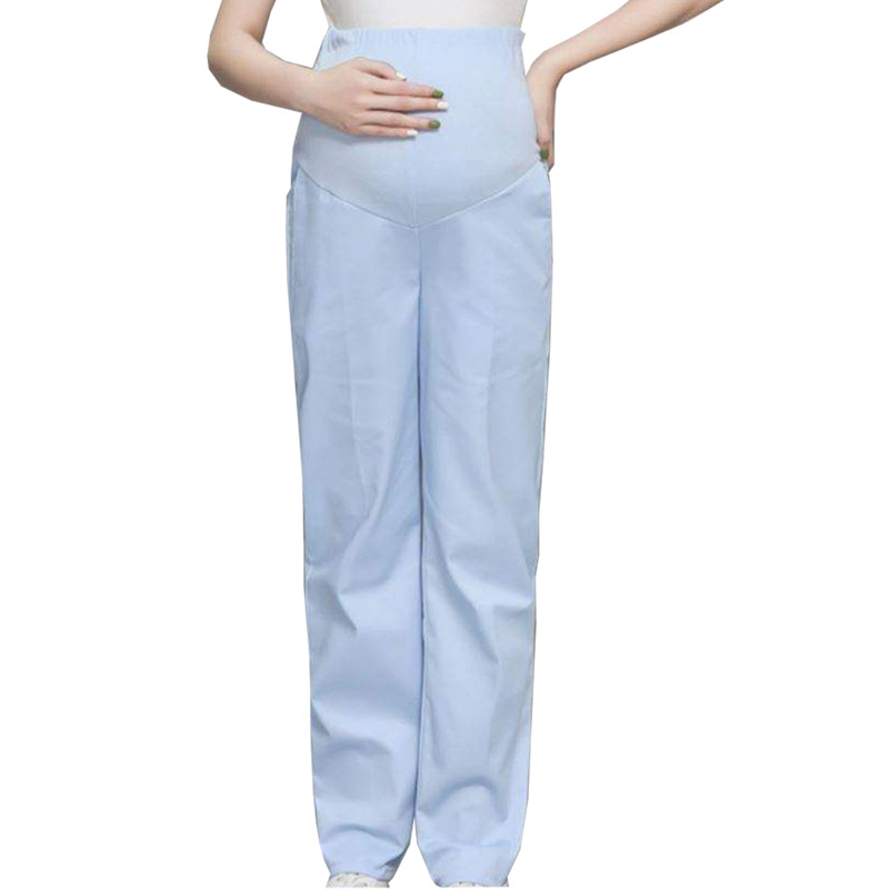 孕妇护士裤可调节托腹孕妇裤工作裤白蓝色大码松紧腰护士服孕妇裤