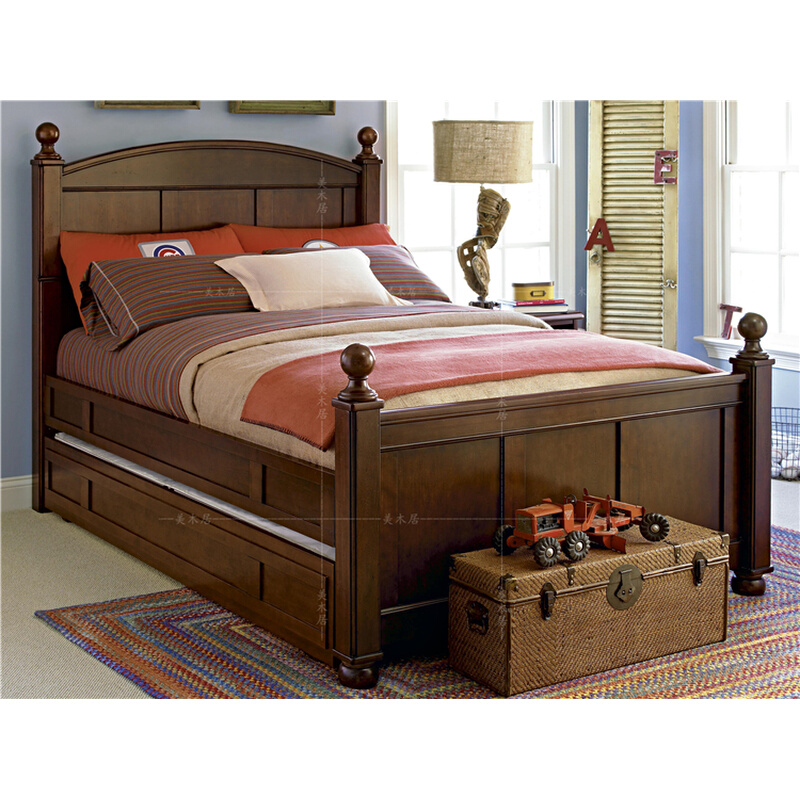 美式实木男孩床青少年拖床带抽屉储物儿童床1.2米创意单人床定制