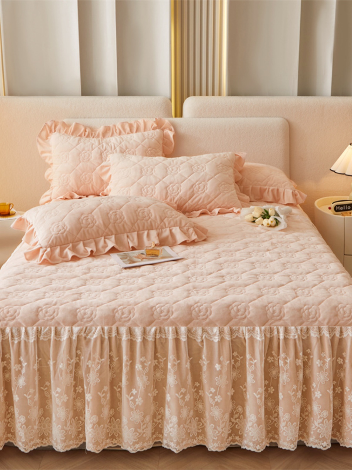 定制床盖夹棉纯色婴儿绒床裙单件加厚保暖公主风蕾丝花边加绒床围