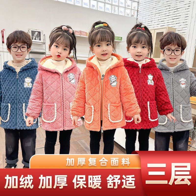 冬季新款女童男童菠萝格三层加绒厚吃饭画画羽绒服儿童防水罩衣