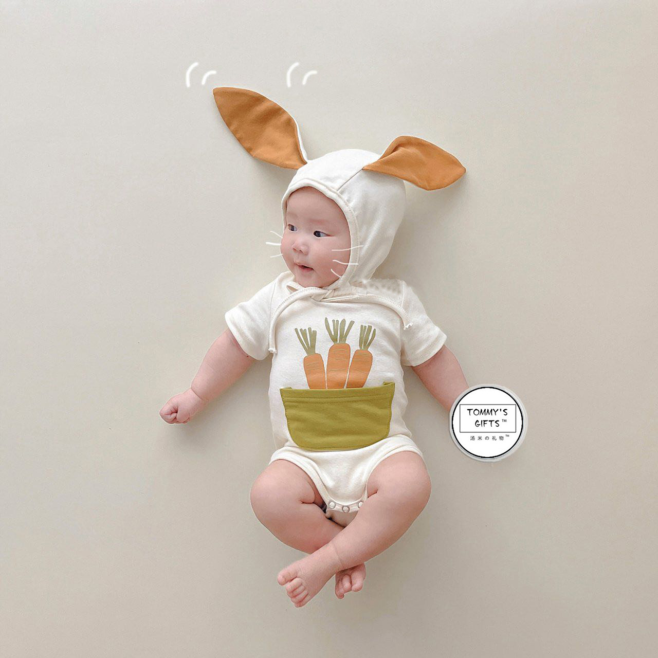 网红宝宝三角哈衣套装百天照衣服婴儿满月长袖可爱兔子胡萝卜爬服