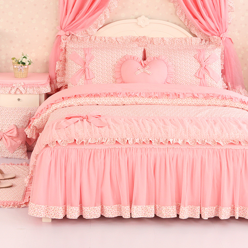 巧致生活全棉四件套床裙纯棉公主风床上用品儿童粉色床罩被套女