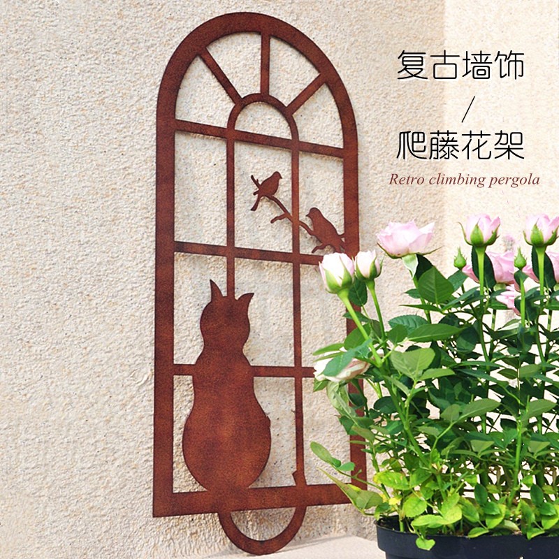美式复古铁艺猫咪窗户挂件花园露台爬藤架墙壁壁挂装饰品花园杂货