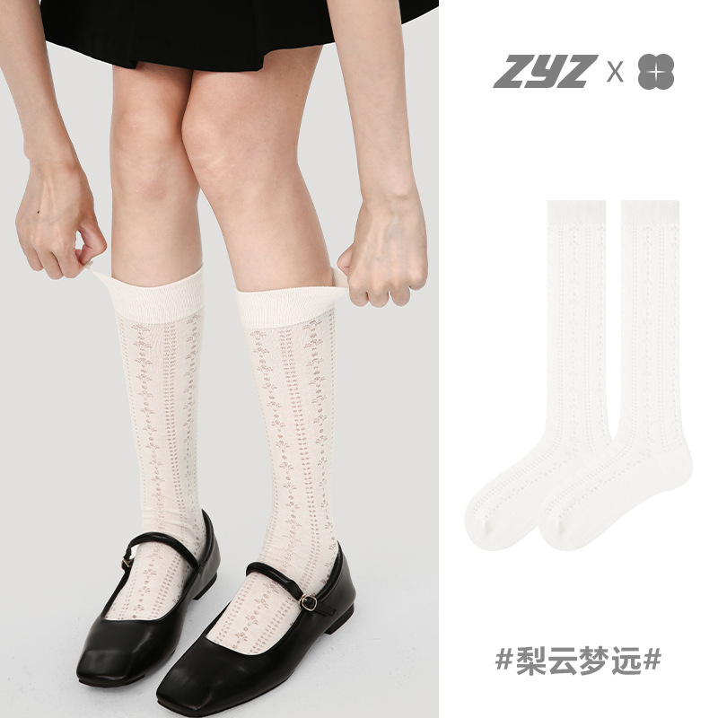 文艺复兴夏季薄款透气网眼中筒袜纯白ins潮小腿袜子女日系长筒袜