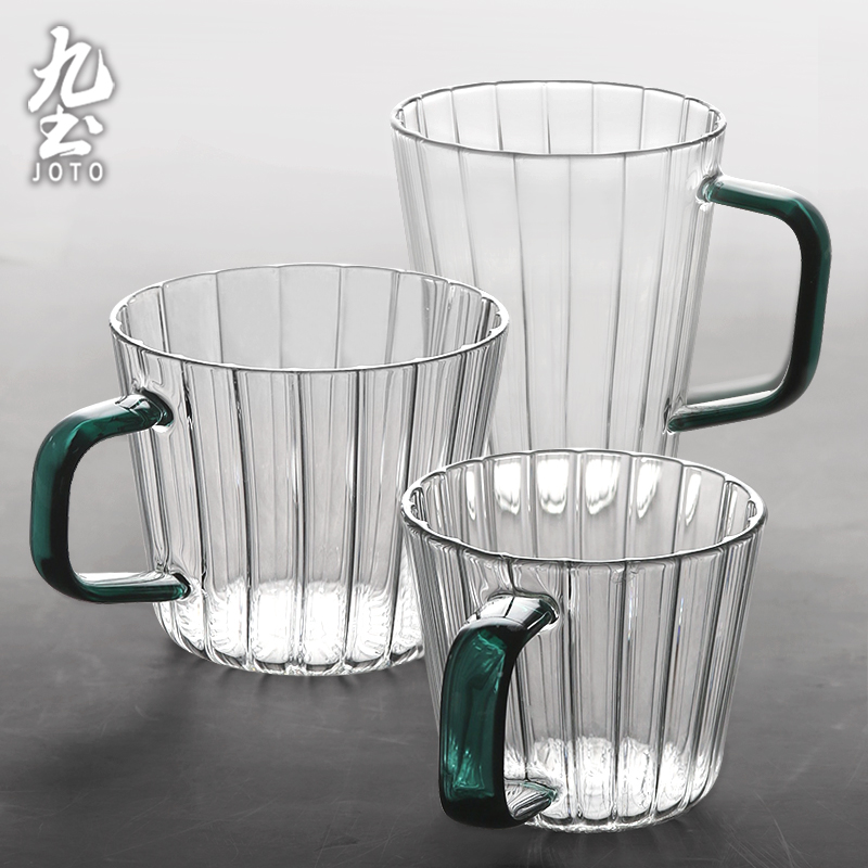 九土耐热玻璃杯带把手水杯泡茶杯创意条纹水杯果汁冷饮杯牛奶杯子