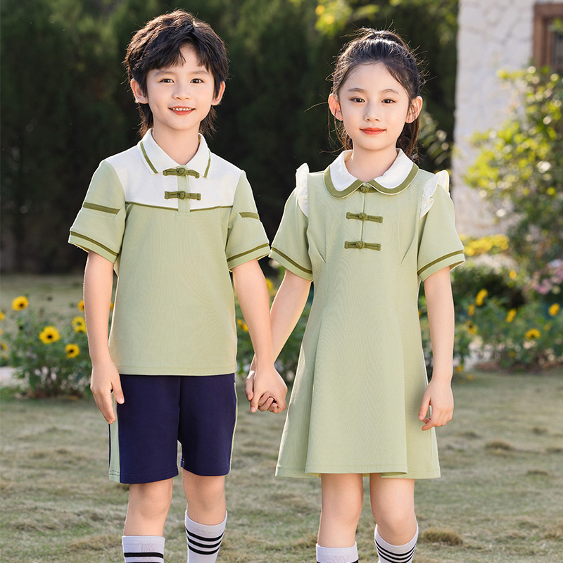 中国风灰绿色校服套装小学生年级班服夏季新男女儿童幼儿园演出服