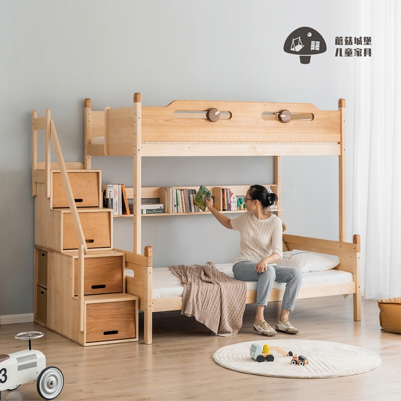 蘑菇城堡实木儿童高低床子母床上下铺双层床树屋高架床带楼梯护栏