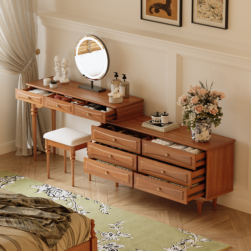 法式复古实木梳妆台化妆桌美式中古可伸缩卧室斗柜一体转角梳妆台