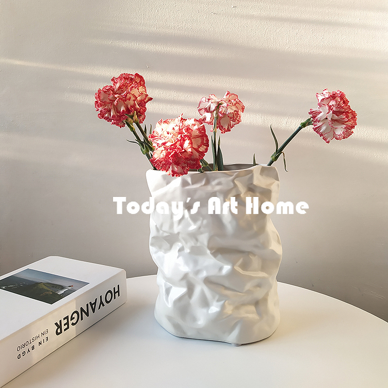 TODAYSART现代艺术褶皱花瓶白色陶瓷纸袋型简约花器插花干花摆件