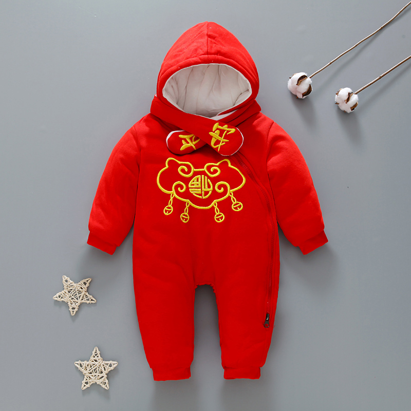 冬季哈衣0童装婴儿连体衣宝宝冬装加厚棉衣外出服红色新年衣服1岁