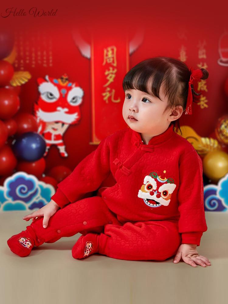 宝宝新年装红色喜庆百天满月连体周岁礼服过年新年春节拜年服婴儿