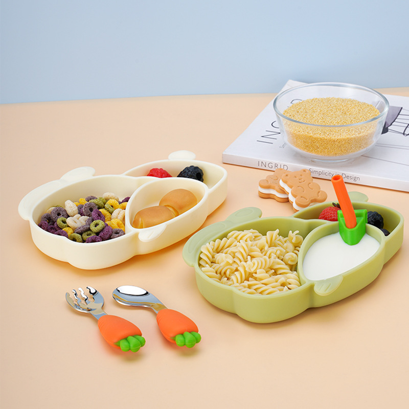 促销宝宝硅胶餐盘带吸盘叉勺子餐具套装卡通儿童分格盘婴儿吃饭辅