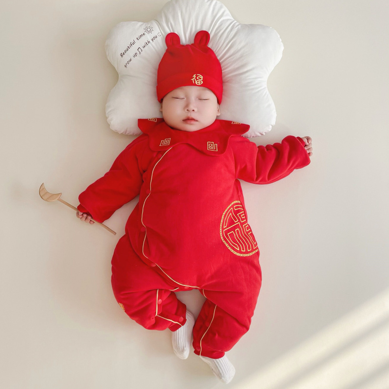 速发婴儿冬季连体衣宝宝新年服拜年服大红色满月周岁新生儿护肚蝴