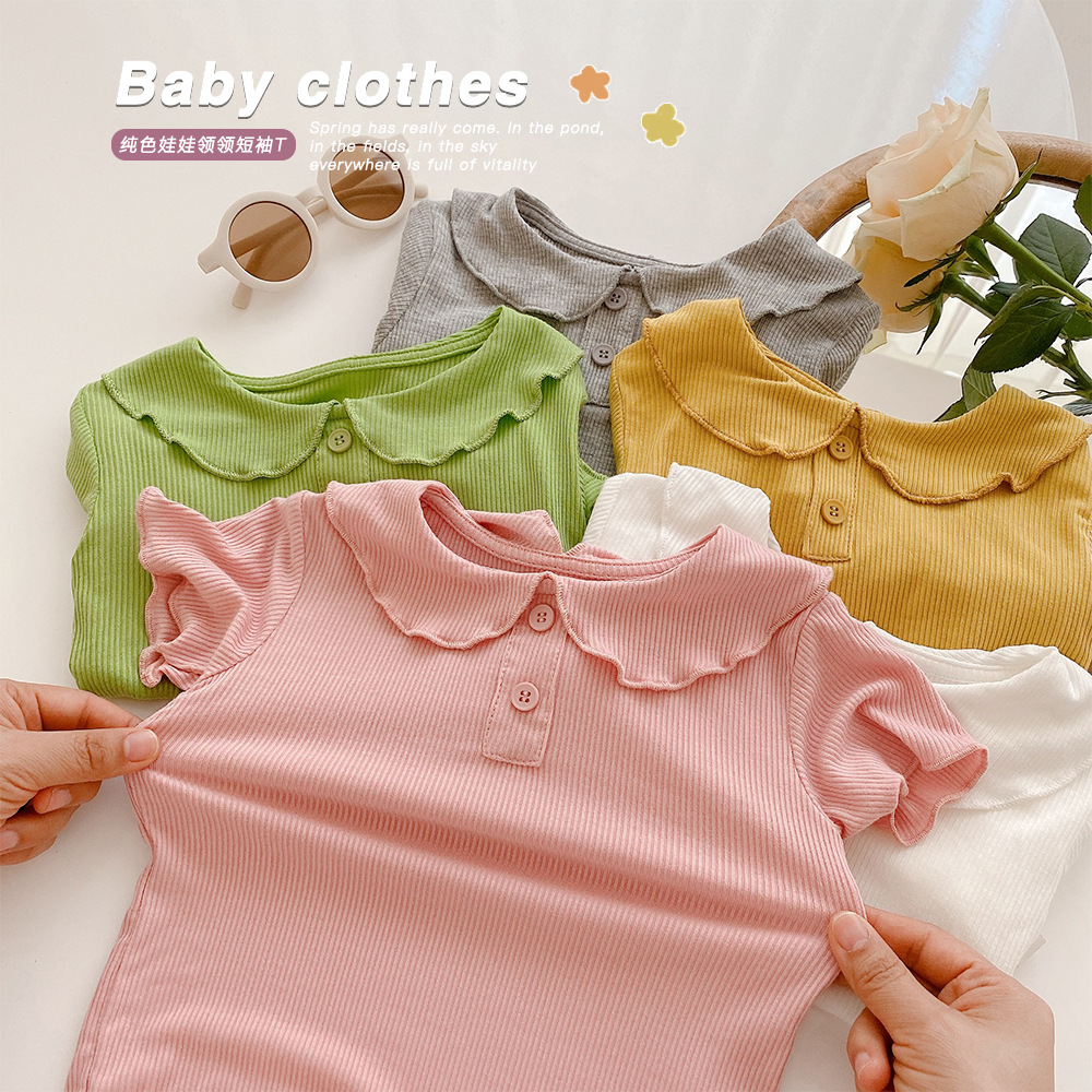 ins24夏季韩版婴儿可爱娃娃领纯色短袖T恤宝宝薄款百搭打底衫上衣