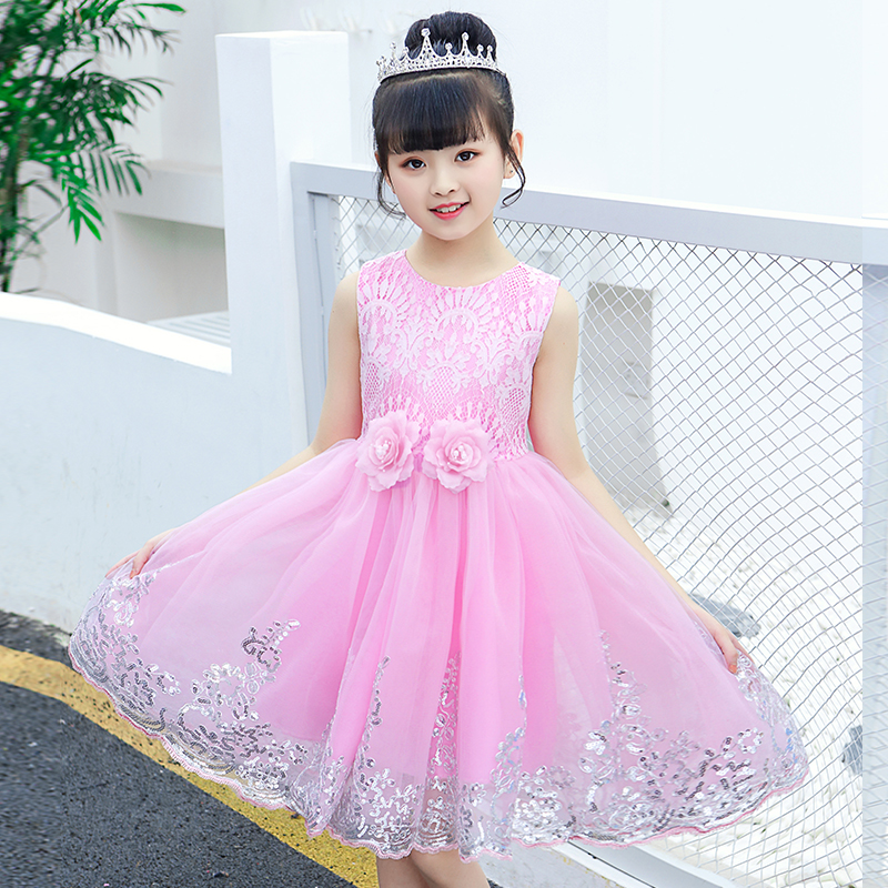 女童连衣裙2024新款夏装洋气蕾丝裙女孩公主裙儿童舞蹈表演服纱裙