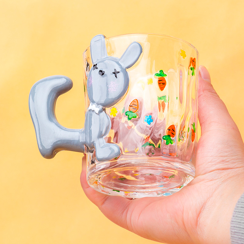 创意可爱卡通玻璃水杯带把防烫萌兔儿童水杯ins奶茶杯牛奶果汁杯